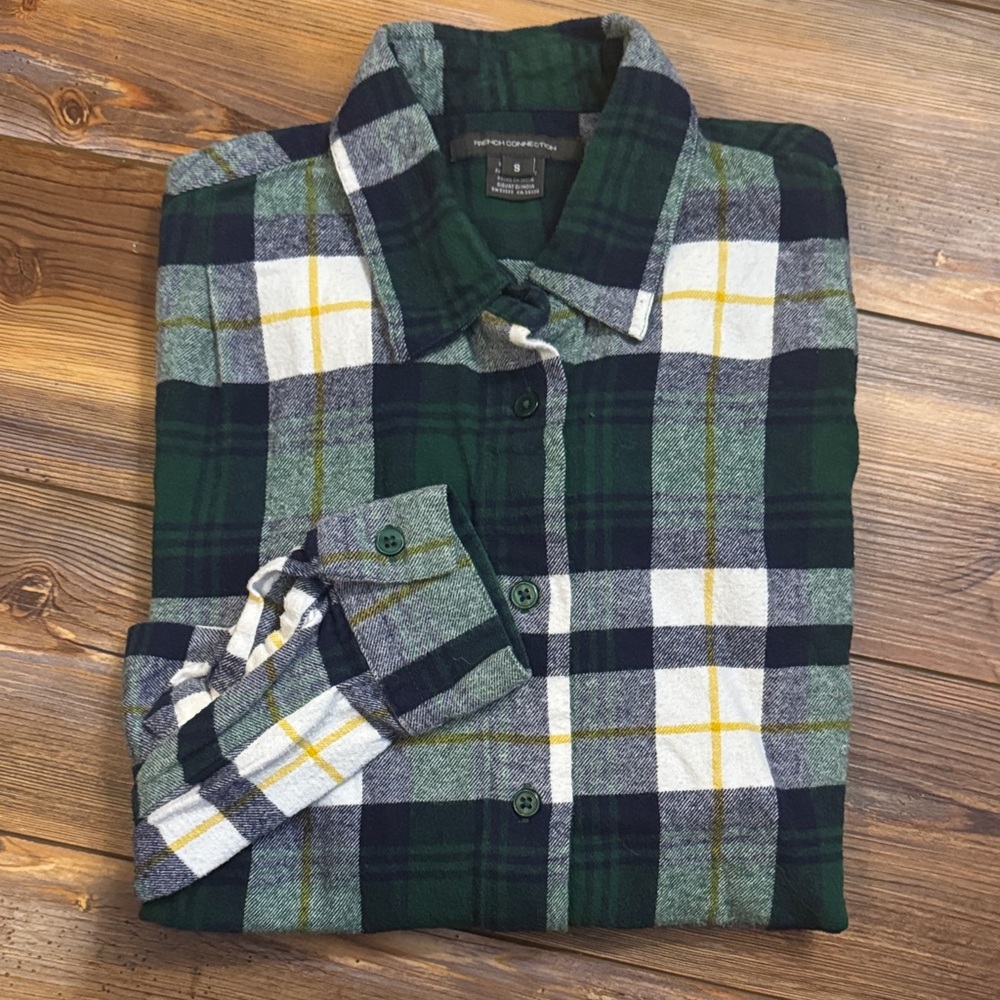 French Connection green plaid flannel small
